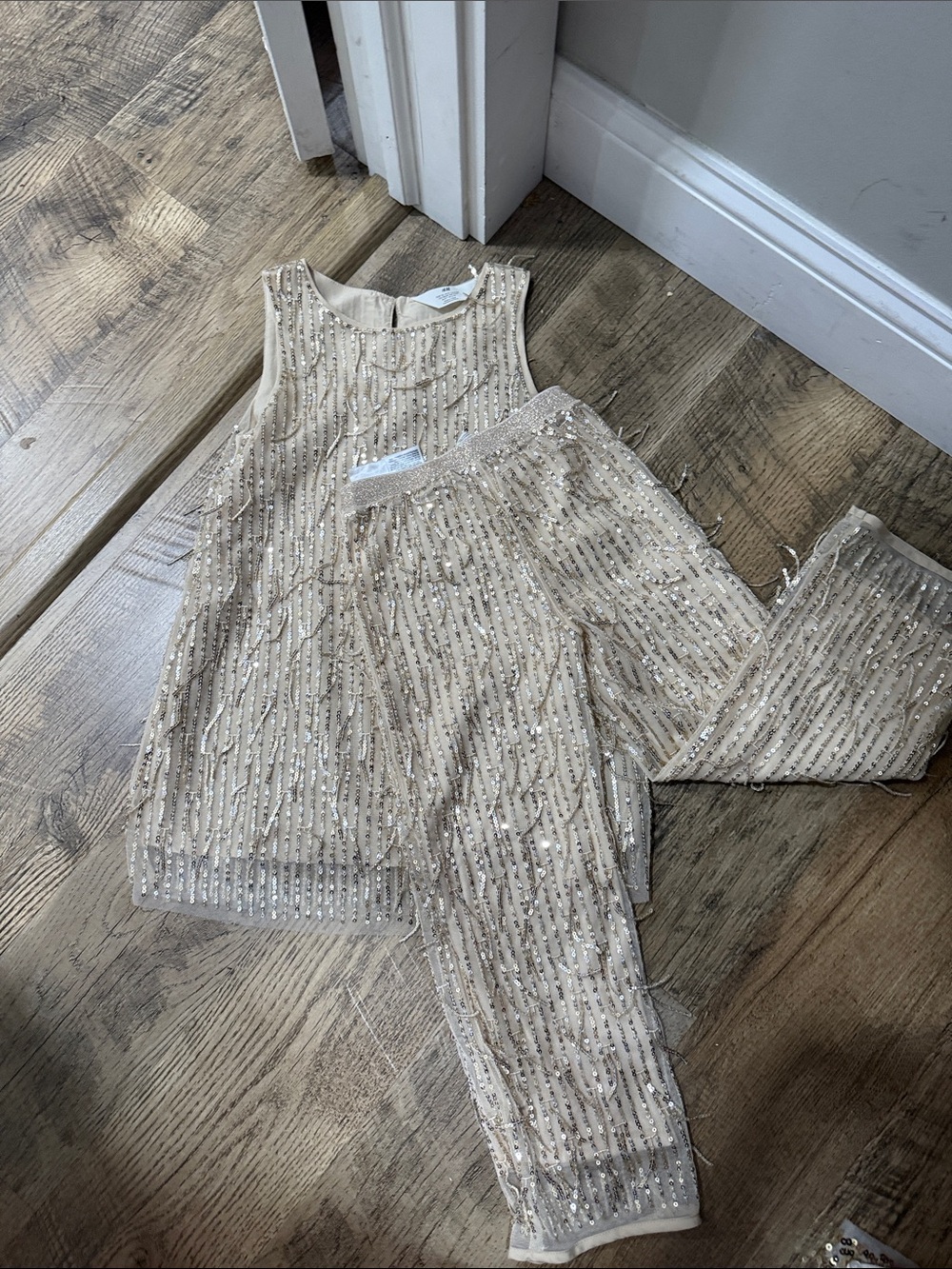 H&M Cream Sequin Beaded Pants & Sleeveless Tunic Set